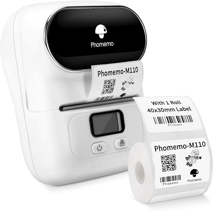 Phomemo M110 Impresora de Etiquetas Bluetooth térmica portátil Tamaño de impresión 20 mm-50 mm,decuado para código de Barras,Oficina,envío,Cable,Tienda,Ropa，Compatible con Android e iOS.Blanco