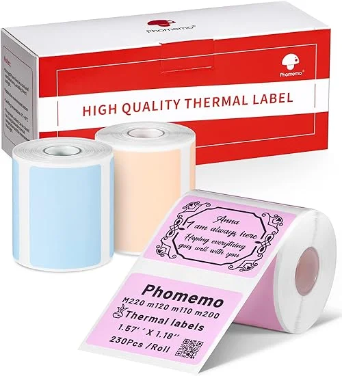 Phomemo Etiqueta 40x30 mm para impresoras de etiquetas Phomemo M120 / M110 / M200 / M220/ M221 etiqueta autoadhesiva cuadrada potente, 3 volúmenes (rosa/azul/caqui), 230 etiquetas/rollos