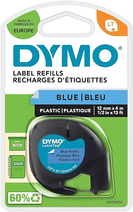 DYMO LT plastico etiquetas autenticas – Negro sobre azul – 12 mm x 4m – para las etiquetadoras LetraTag – autoadhesivo