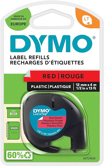 DYMO LT plastico etiquetas autenticas – Negro sobre rojo – 12 mm x 4m – para las etiquetadoras LetraTag – autoadhesivo