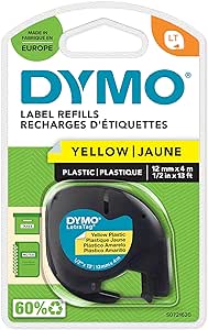 Dymo LetraTag Etiquetas de plastico, rollo de 12 mm x 4 m, Azul sobre Amarillo