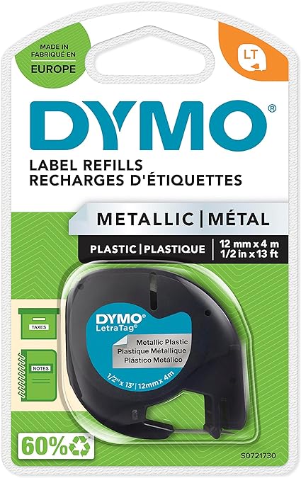 DYMO LT etiquetas metalicas autenticas – Negro sobre plata – 12 mm x 4m – para las etiquetadoras LetraTag – autoadhesivo