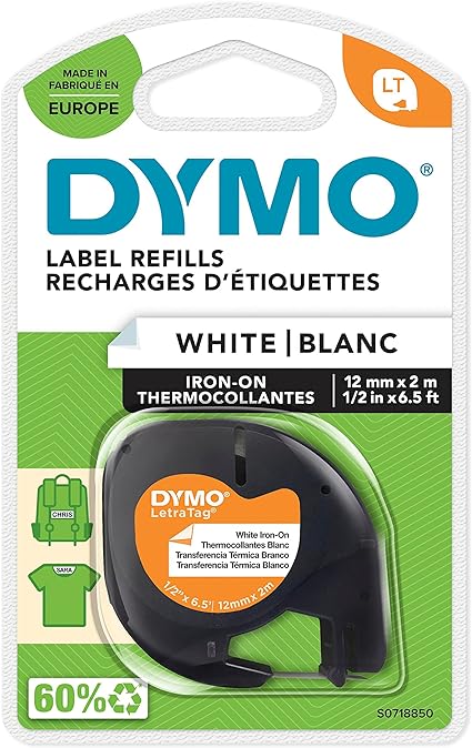 Dymo LetraTag Etiquetas textiles de adhesion por plancha, rollo de 12 mm x 2 m, Negro sobre Blanco